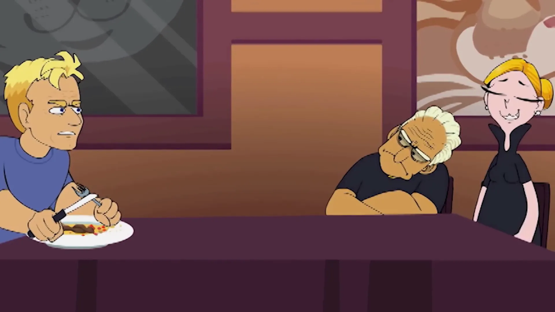 Cartoon parody of Amy and Sammy defending their restaurant