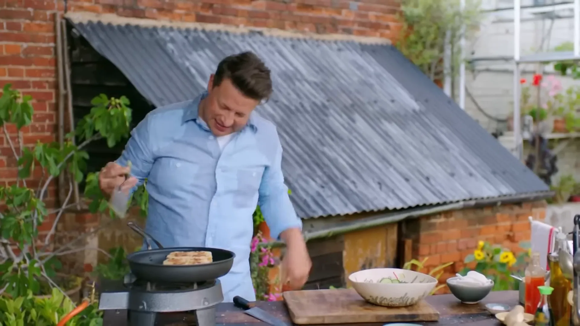 Golden crisp prawn toastie frying in the pan