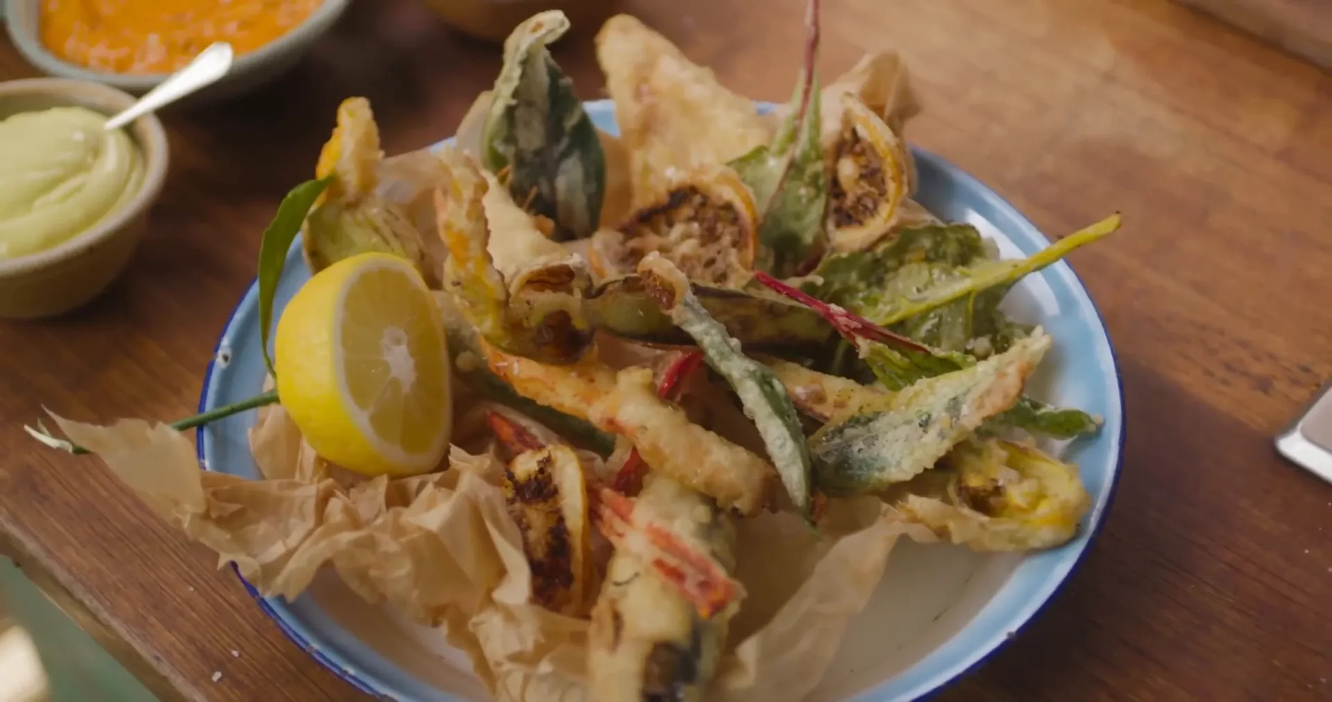 Fritto Misto of seasonal veggies and fish served on a platter