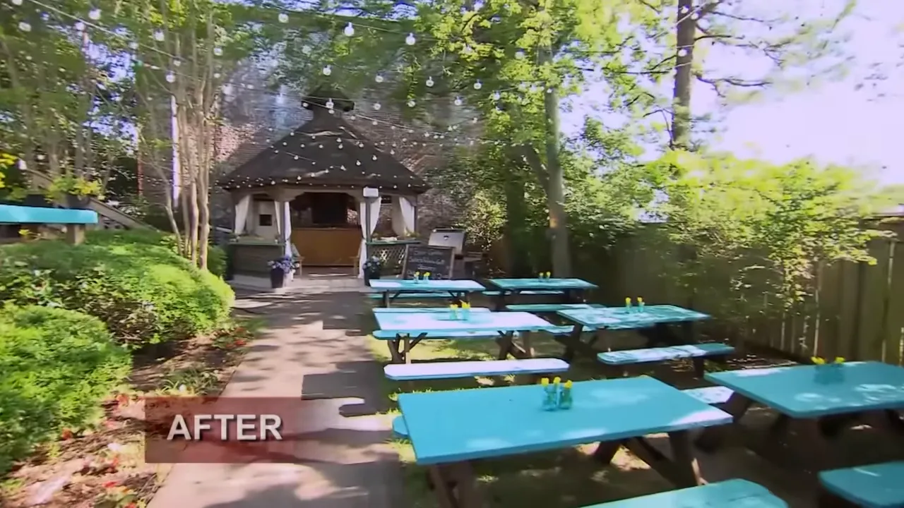 New beer garden with communal benches and gazebo