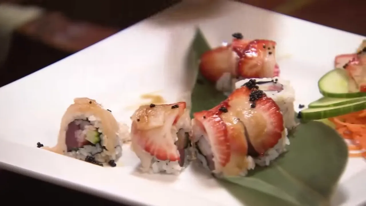 Strawberry topped sushi on the menu