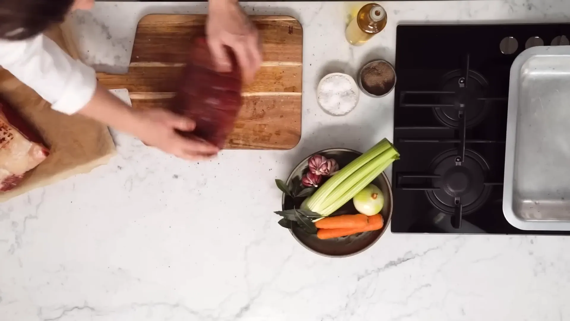 Searing beef in pan to develop color