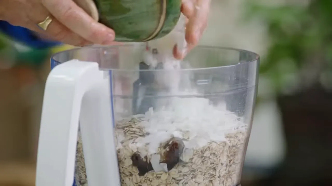 Dates, oats and coconut ready to be blitzed for the crumble