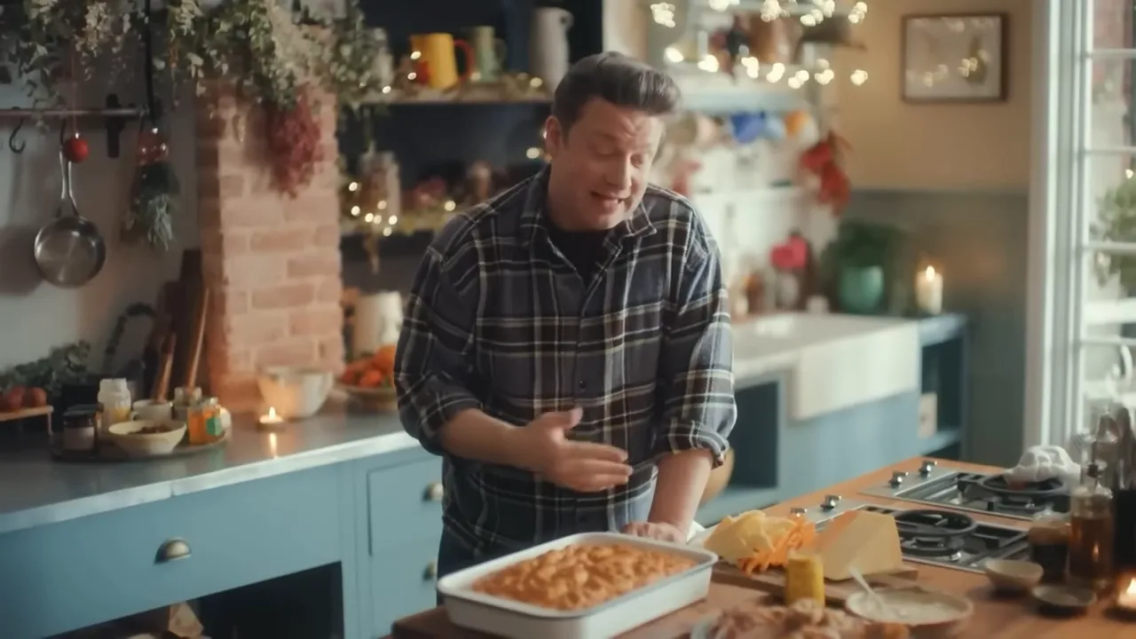 kitchen presenter gesturing over a baked dish and sliced focaccia on a wooden worktop in a festive kitchen