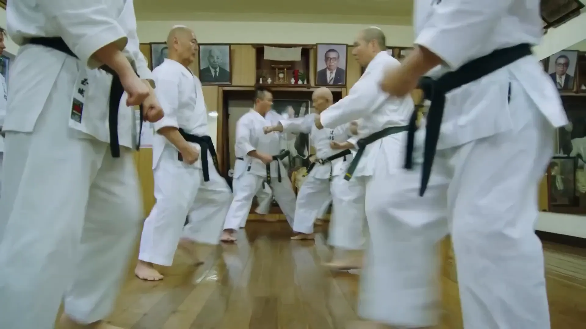 Karate master teaching moves in Okinawa dojo