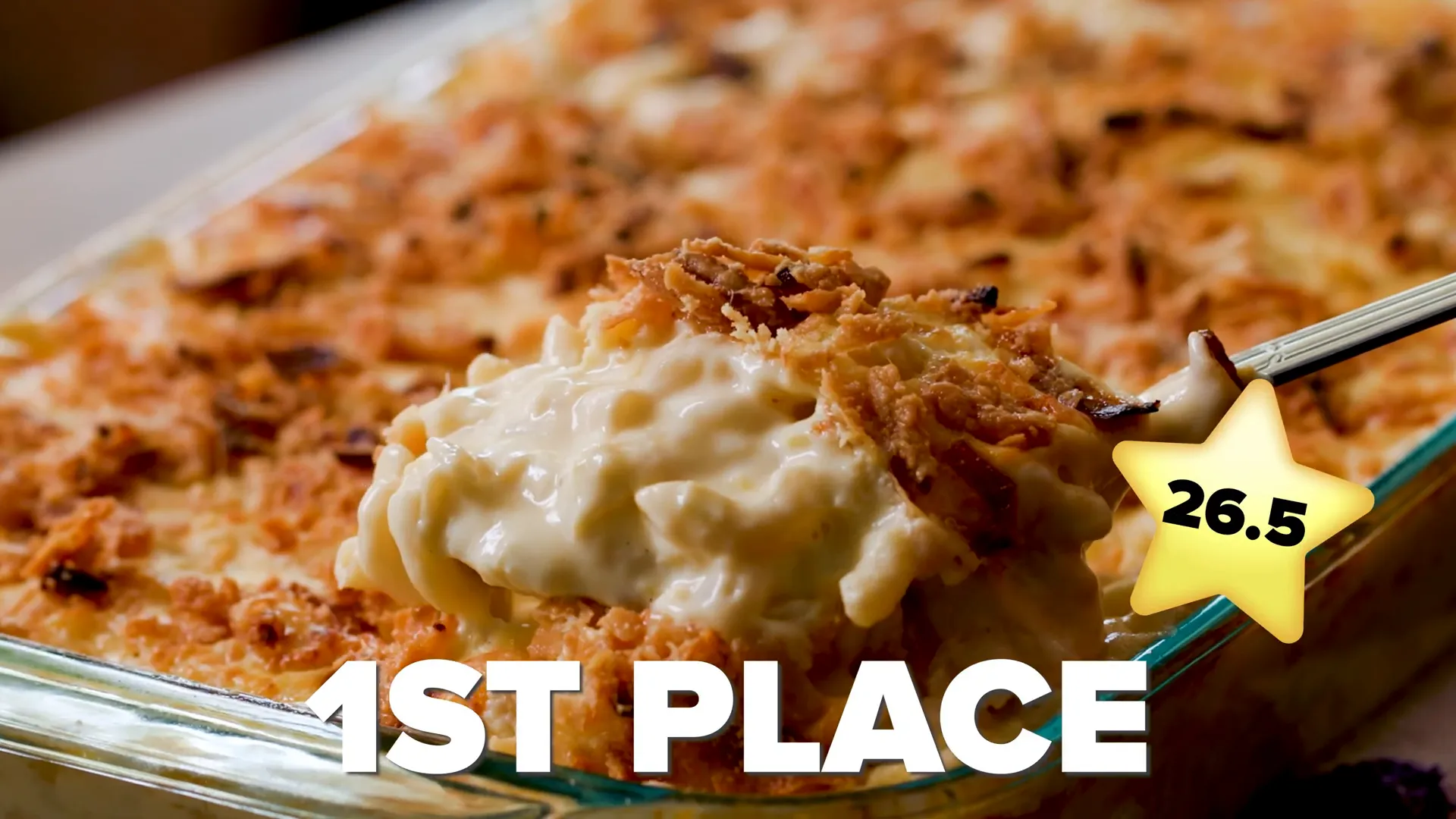 Three mac and cheese dishes side by side with rating scores