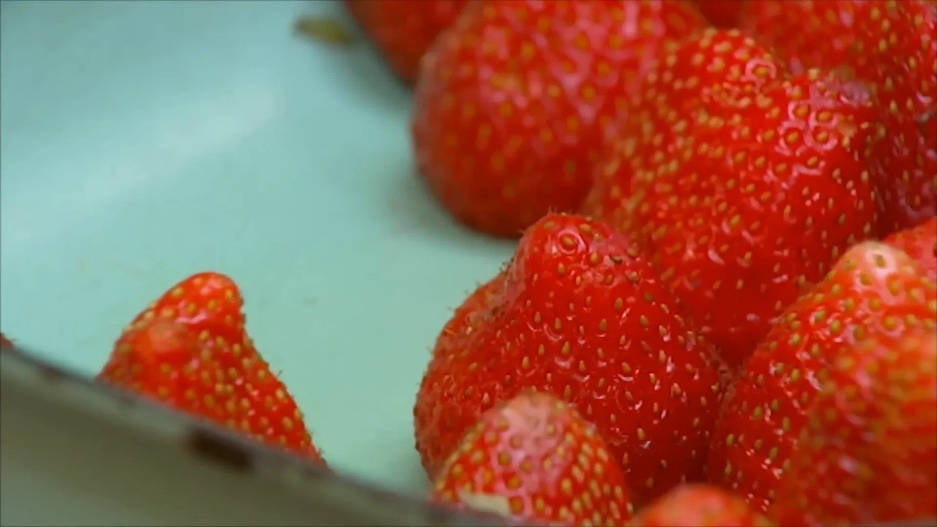 Strawberries with bottoms cut flat and packed snugly in a tray