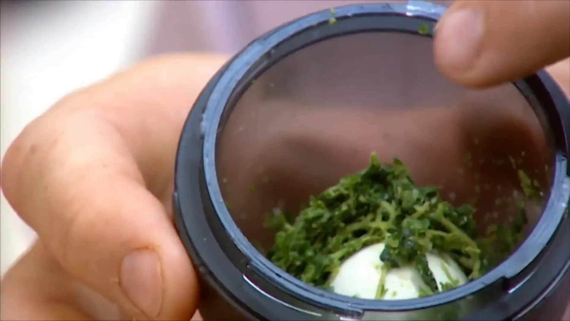 Smashing oregano herbs in a flavor shaker to release oils