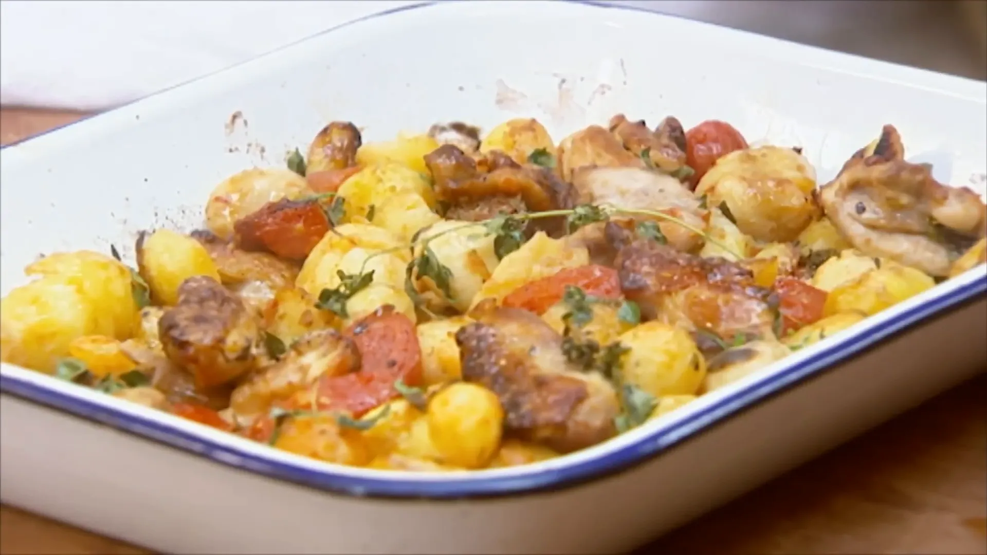Golden roasted chicken traybake fresh from the oven