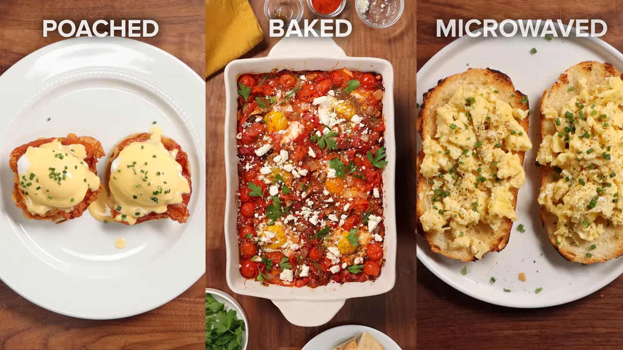 Top-down view showing poached eggs benedict, a baked shakshuka dish, and microwaved scrambled eggs on toast, labeled respectively