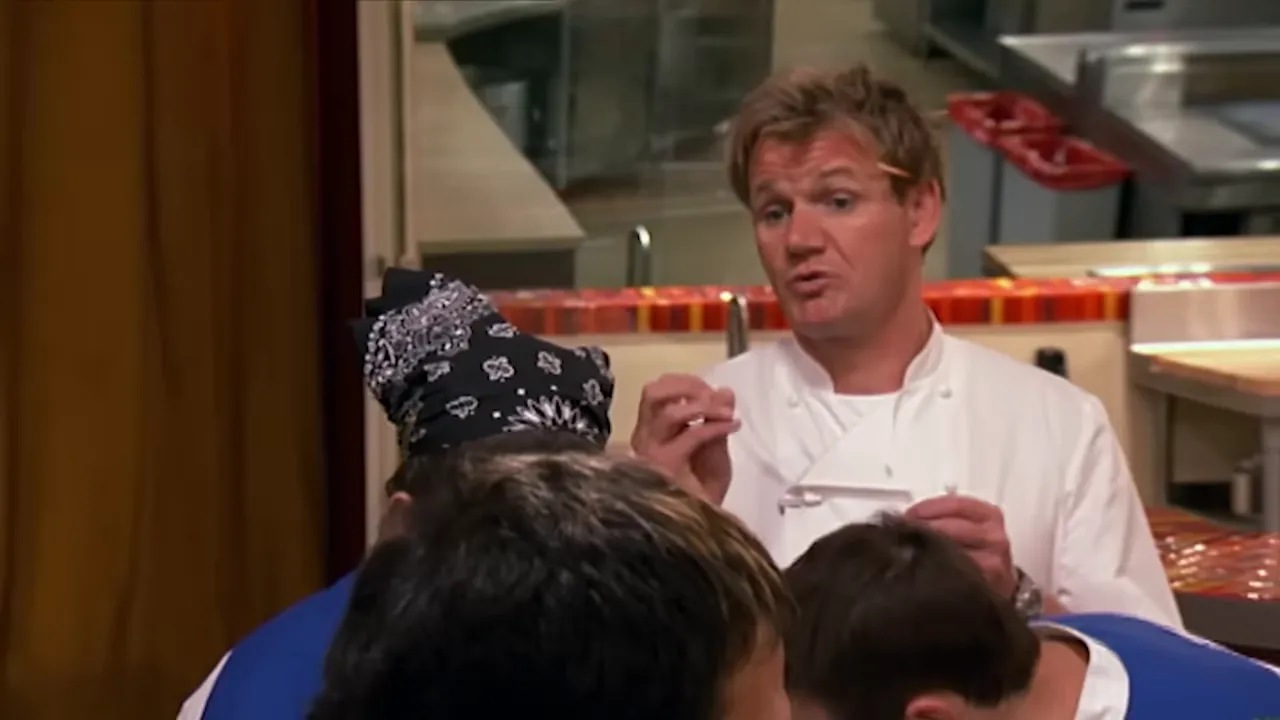 Gordon Ramsay presenting six salmon tapas to the chefs