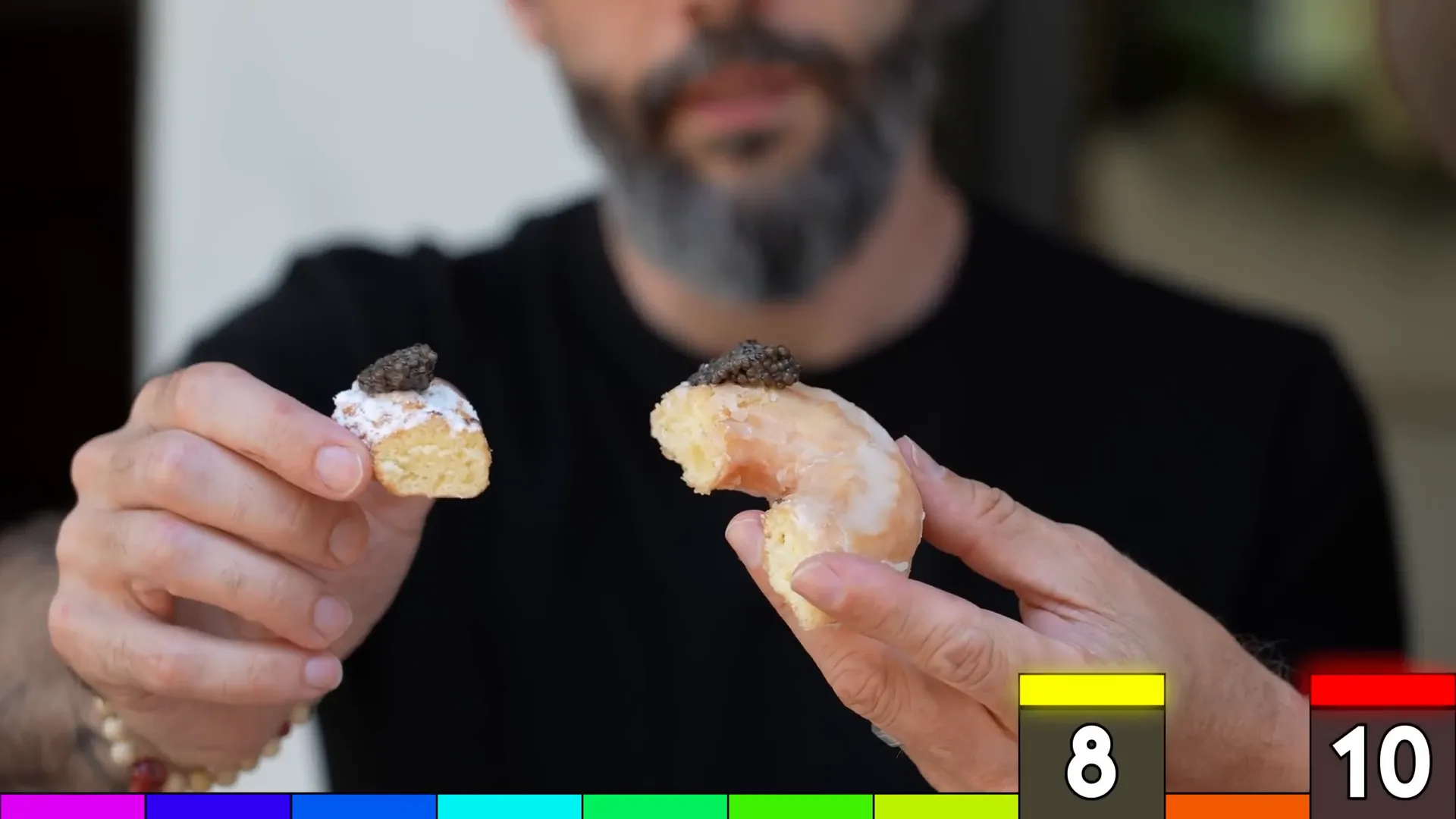 A glazed donut crowned with delicate beads of caviar