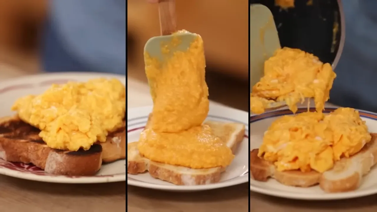 Three plated scrambled-egg styles on toast shown side-by-side for comparison