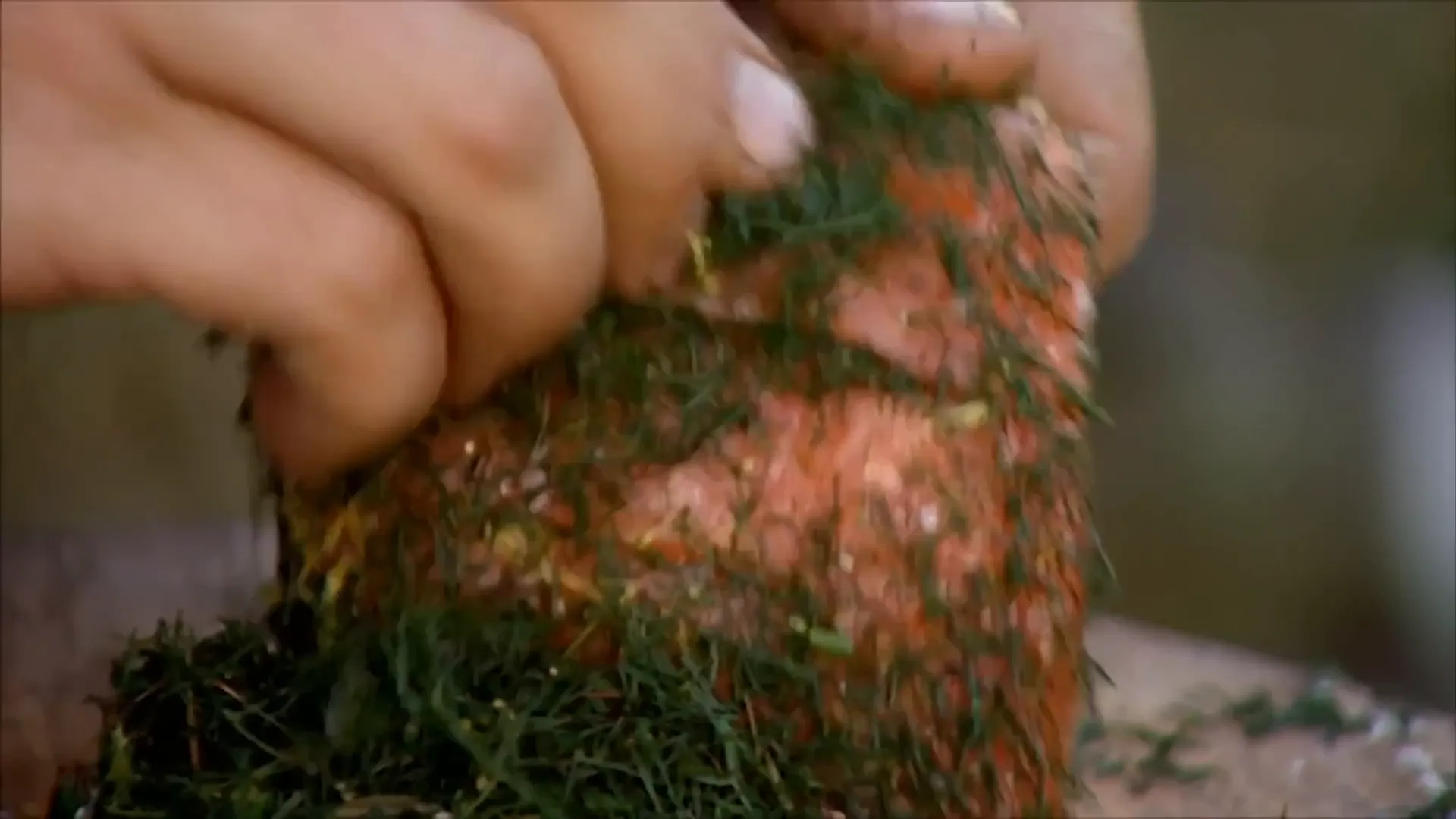 Chopped fennel rubbed into the scored salmon slits