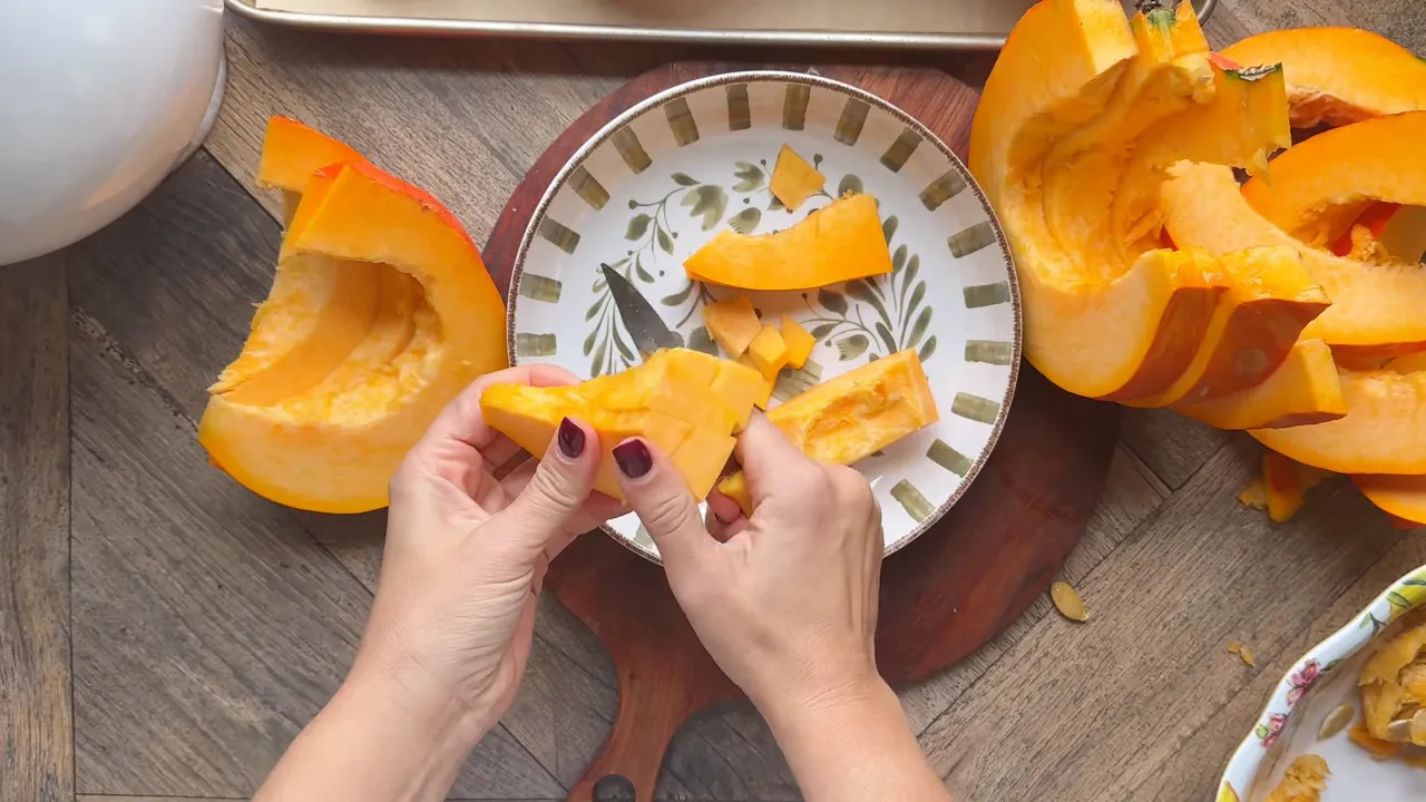 diced pumpkin pieces ready for freezing or cooking