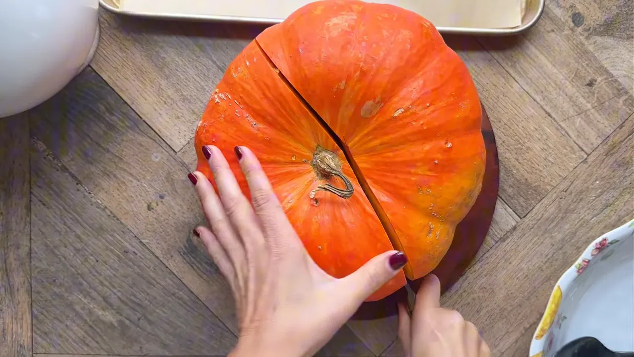 whole sugar pumpkin ready to be sliced