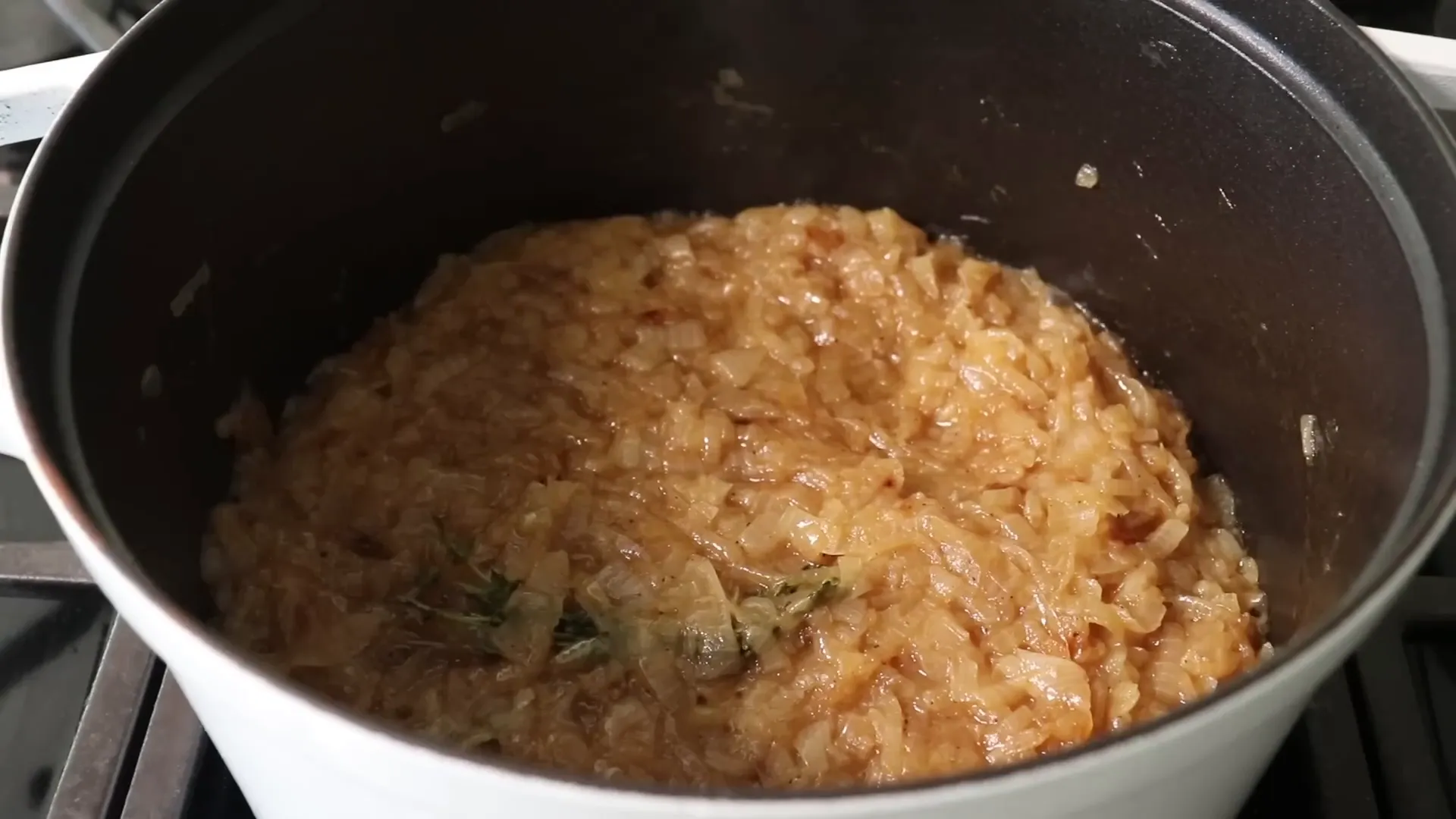 Finished caramelized onion mixture with thyme and anchovies