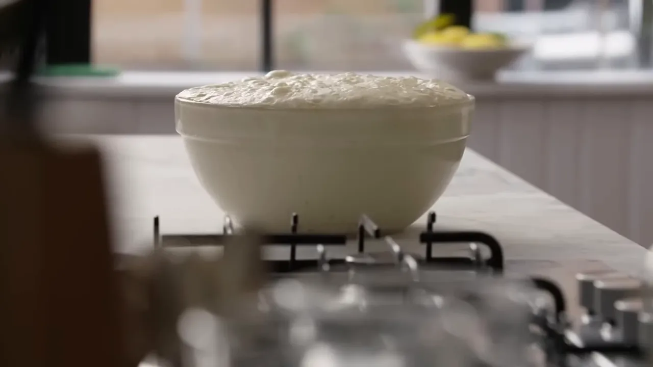 Proofed dough with small bubble holes after resting