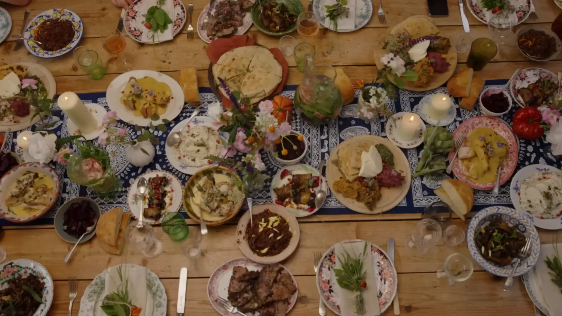 The Georgian Supra feast laid out with authentic dishes and vibrant colors
