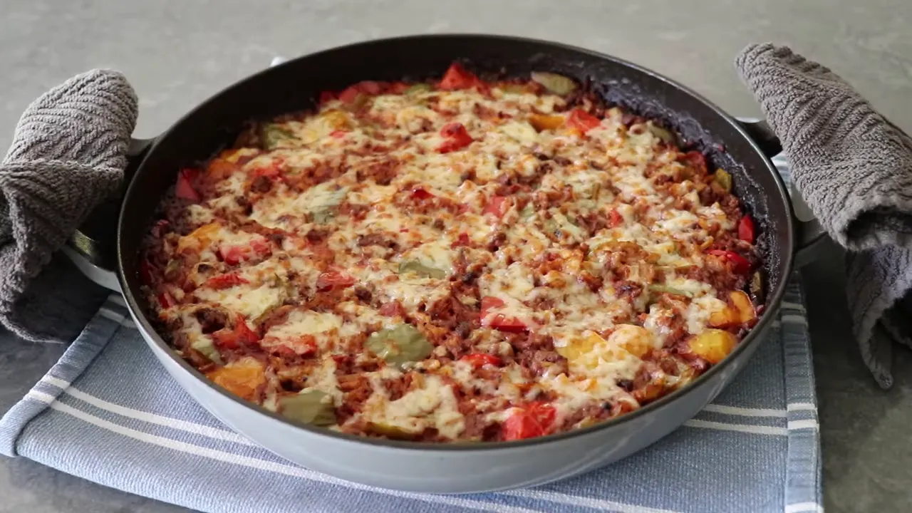 Finished one-pan stuffed pepper casserole fresh from the oven