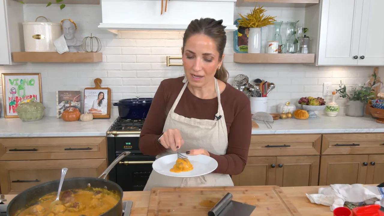 Turkey meatballs in creamy pumpkin sauce served over mash
