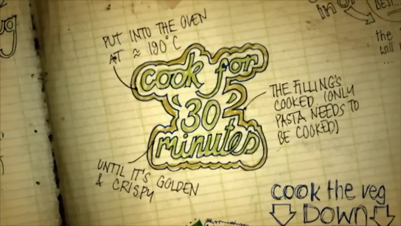 Close-up notebook illustration: 'cook for 30 minutes' with arrow 'put into the oven at ≈190°C'