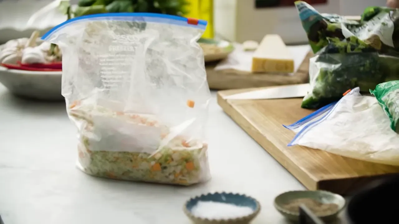 Clear zip-top bag of mixed frozen sofrito sitting on a kitchen counter with other frozen veg and a cutting board