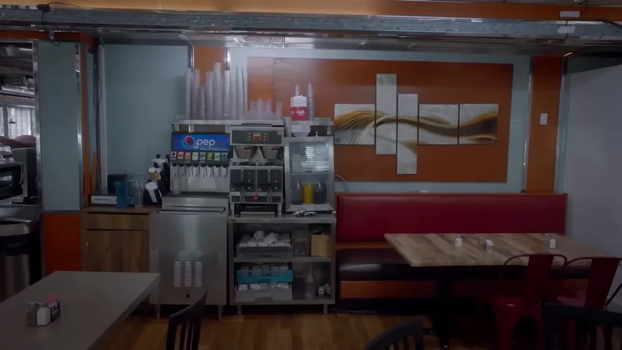 Clean diner beverage and service station with soda dispenser and booths