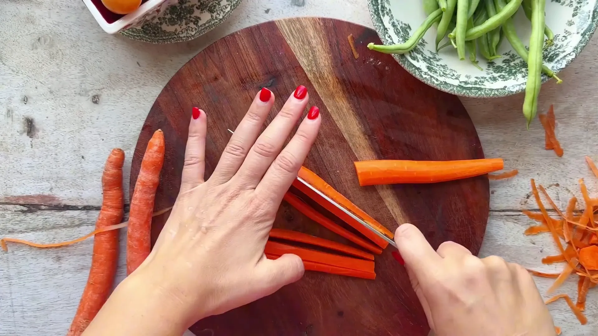 Diced carrots and green beans ready to be cooked