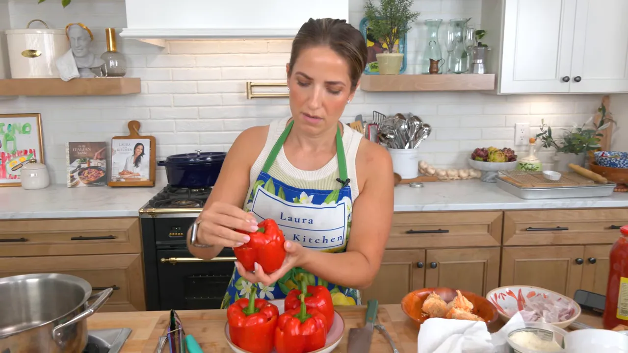 Stuffed peppers arranged and ready to be seared in the pot