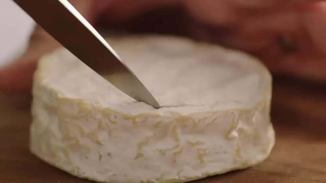 Close-up of a knife scoring the top rind of a camembert cheese wheel