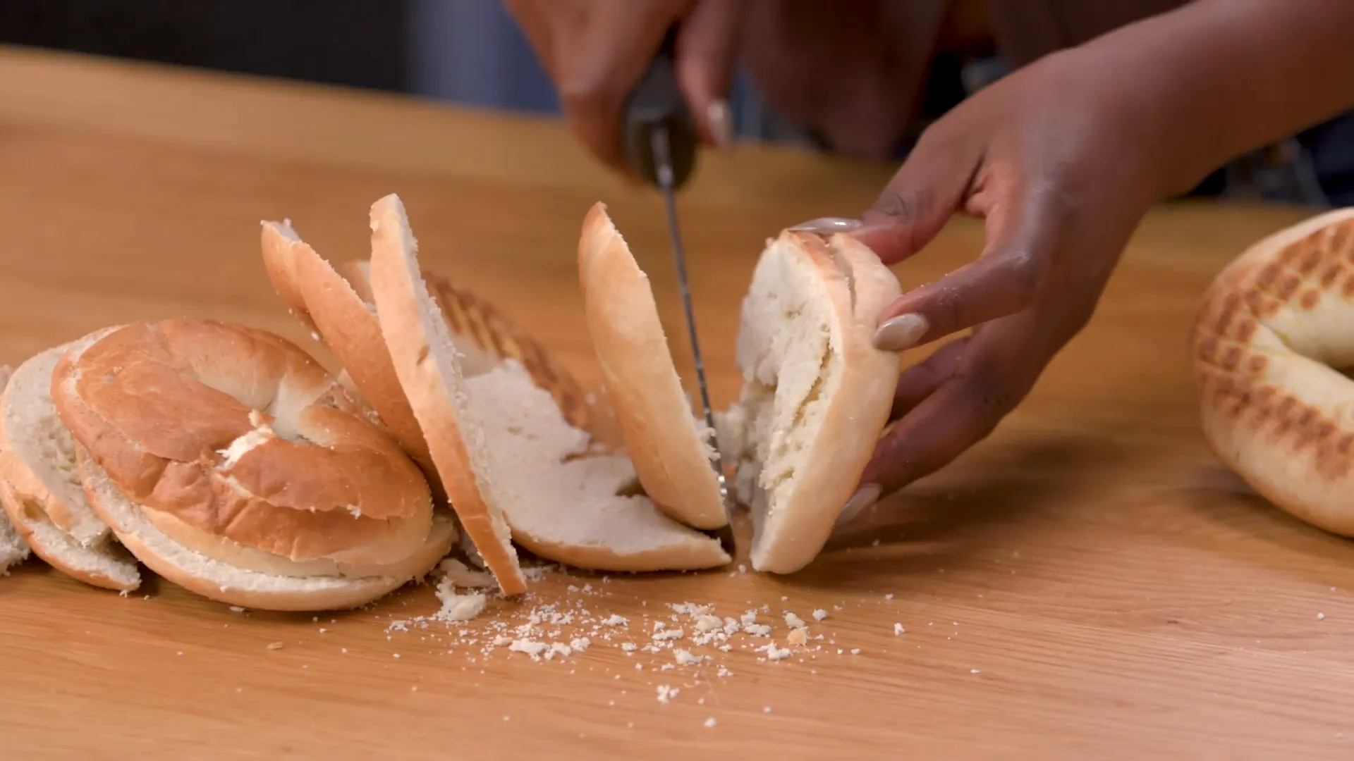 Cutting bagels for tiramisu layers