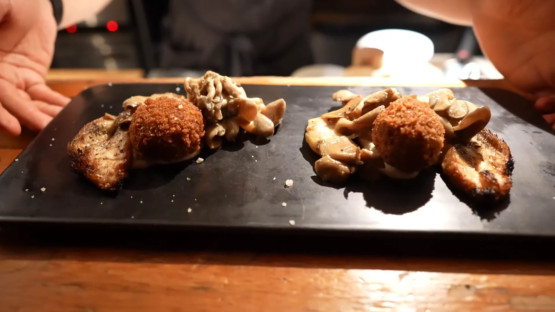 Mushroom croquette with grilled lion's mane and oyster mushrooms