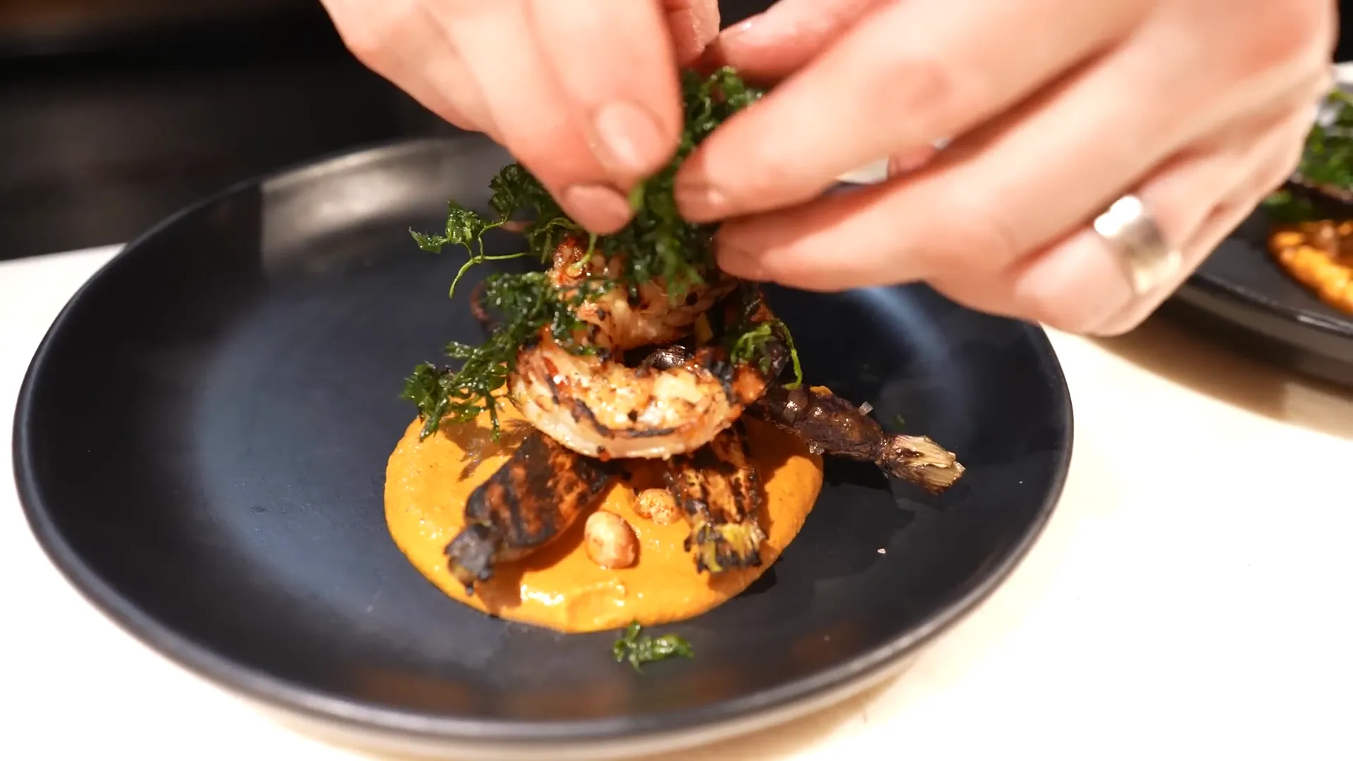 Charred Gulf shrimp with marinated carrots