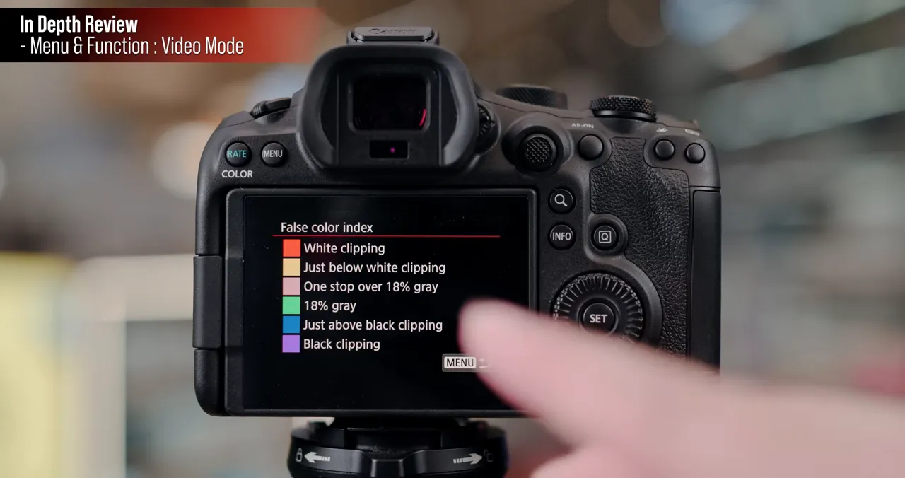 กล้อง Canon EOS R6 Mark III แสดง False color index พร้อมคำอธิบายแต่ละระดับ