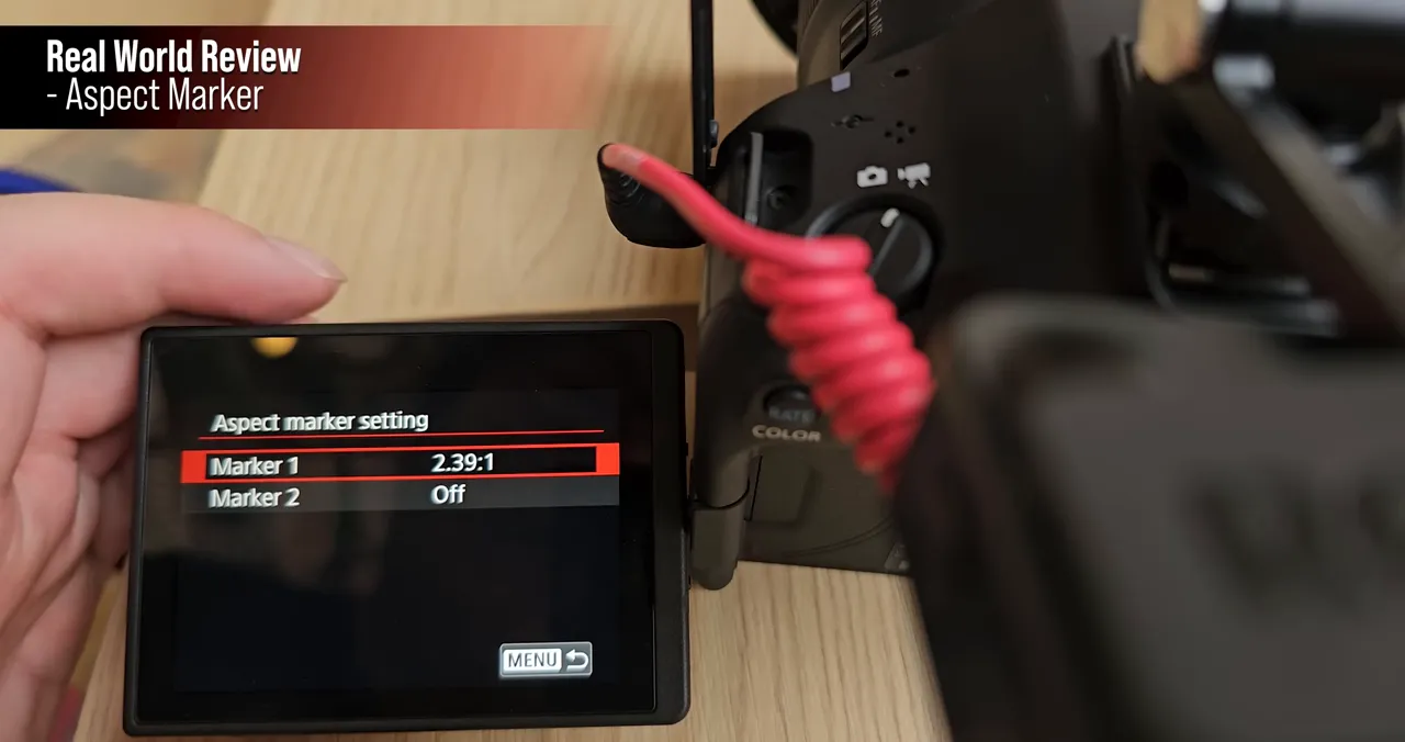 หน้าจอ Canon EOS R6 Mark III แสดงเมนู Aspect Marker พร้อมตั้ง Marker 1 เป็น 2.39:1