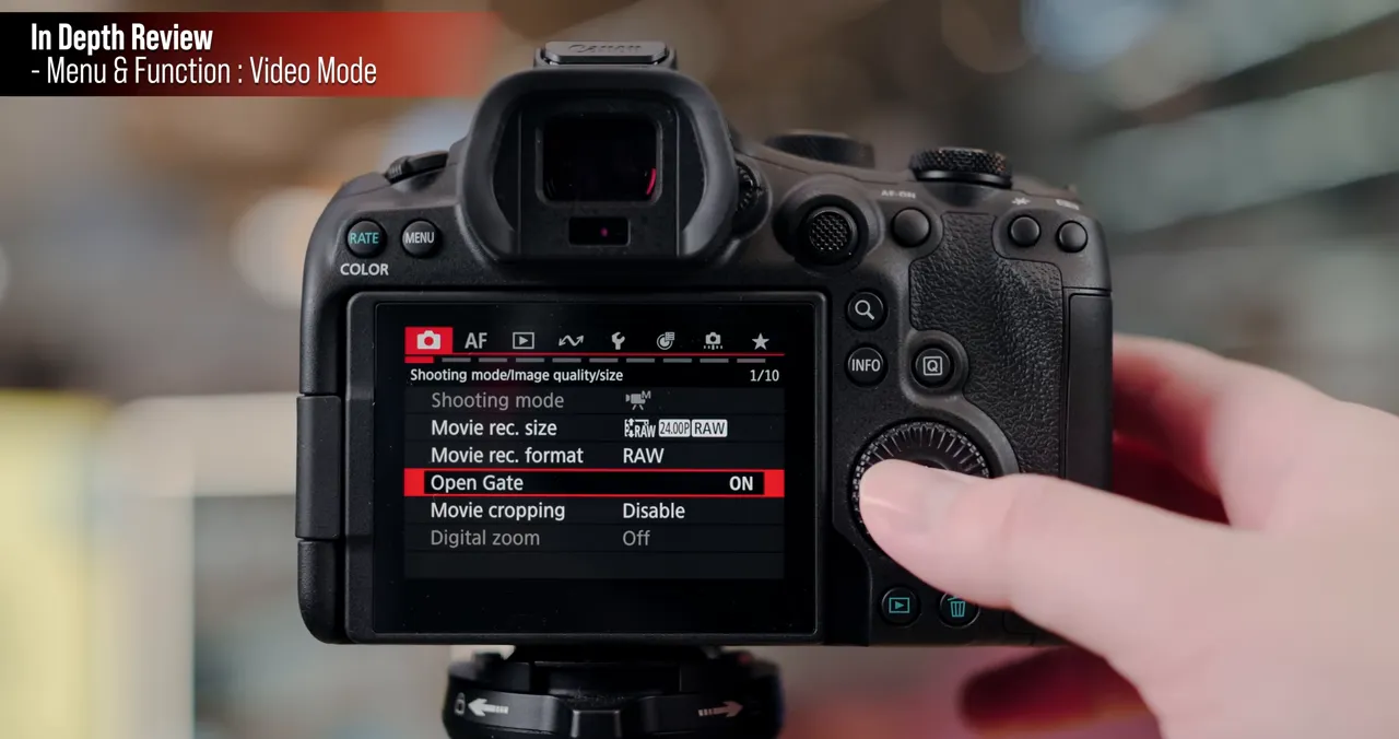 หน้าจอ Canon EOS R6 Mark III แสดงการเปิด Open Gate เป็น ON ในเมนู Video Mode