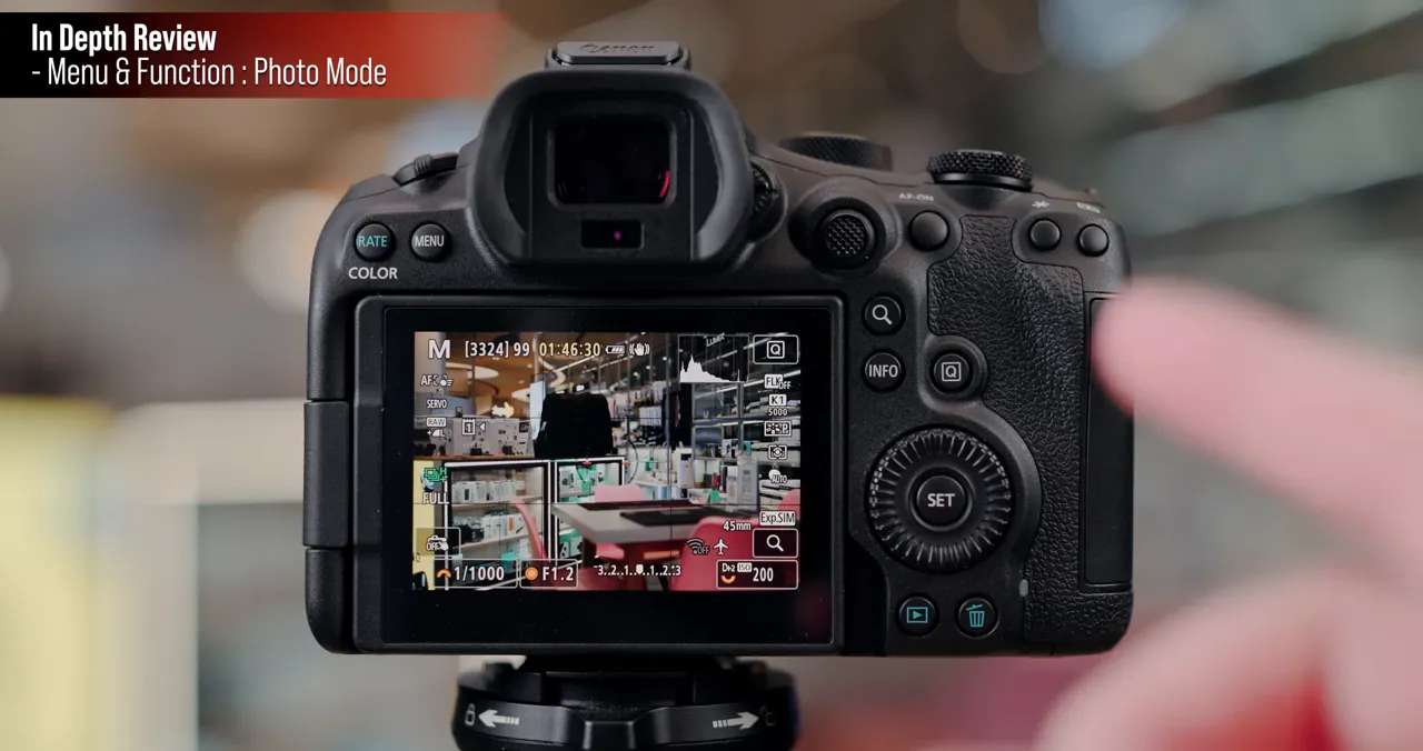 จอ Canon EOS R6 Mark III ขณะใช้งาน Photo Mode แสดงค่าตั้งและกรอบการโฟกัส