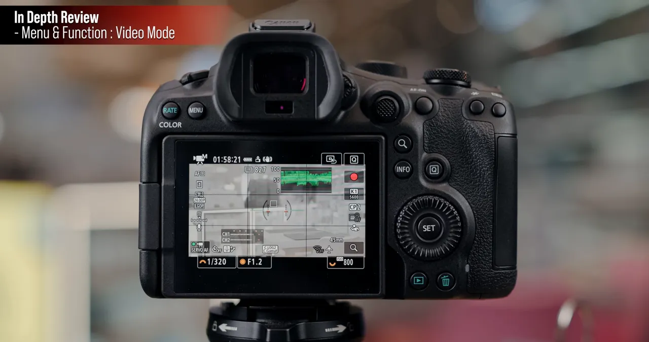 Canon EOS R6 Mark III ในโหมดวิดีโอ แสดงกราฟและข้อมูลการติดตามบนหน้าจอขณะบันทึก
