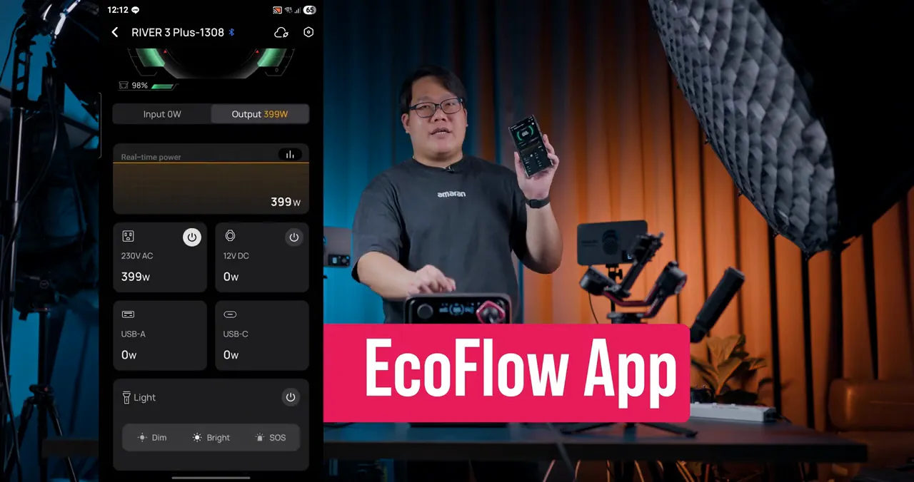 ภาพแอป EcoFlow แสดงหน้าตั้งค่าการควบคุมพร้อมสถานะกำลังไฟของ EcoFlow River 3 Plus