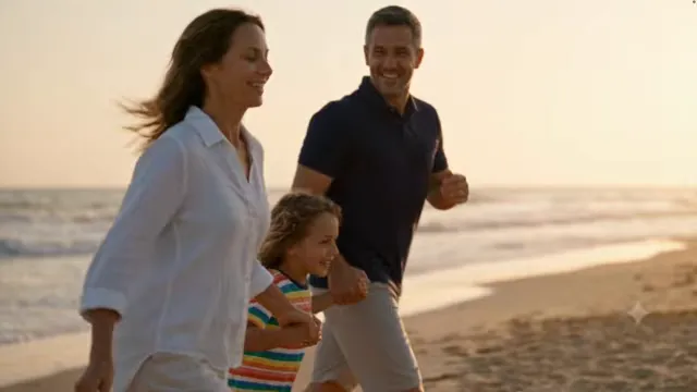 KI-generierte Familie mit Eltern und Kind beim Laufen am Strand in Abendsonne