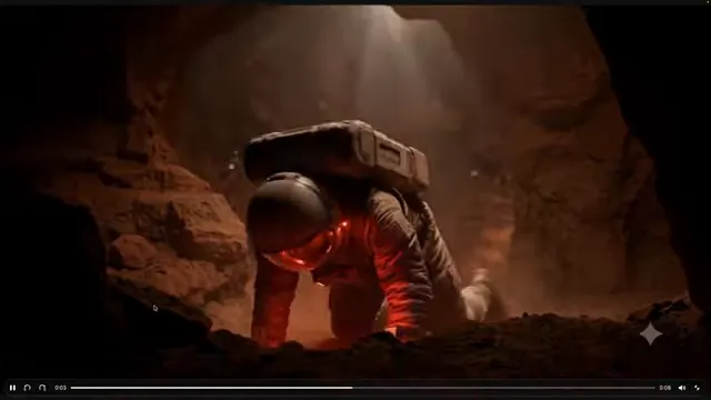 Astronaut in einer felsigen Höhle unter einem hellen Lichtstrahl