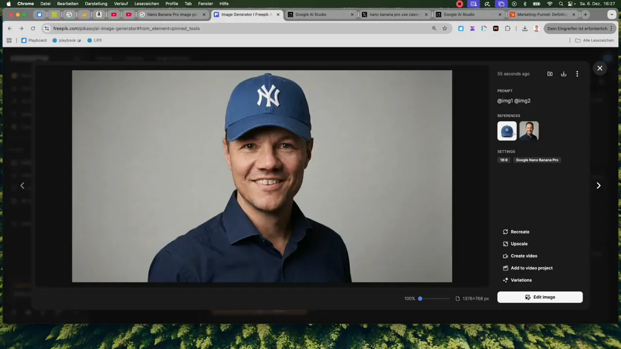 Screenshot der virtuellen Anprobe: generiertes Portrait eines Mannes mit blauer Baseballkappe im Nano Banana Pro Editor
