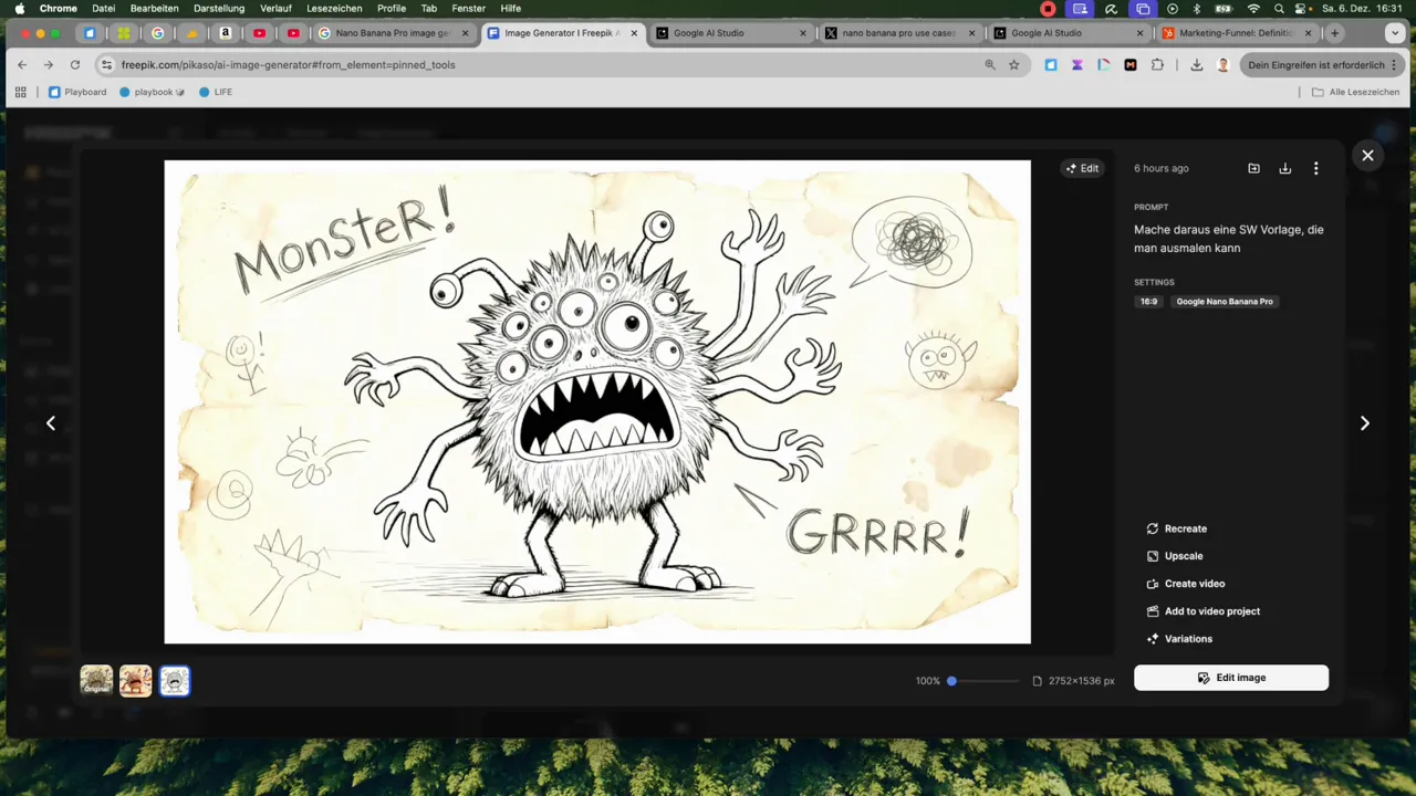 Schwarz‑weiß Ausmalvorlage eines Monsters im Image‑Editor – klare Linien, ideal zum Ausdrucken und Ausmalen.