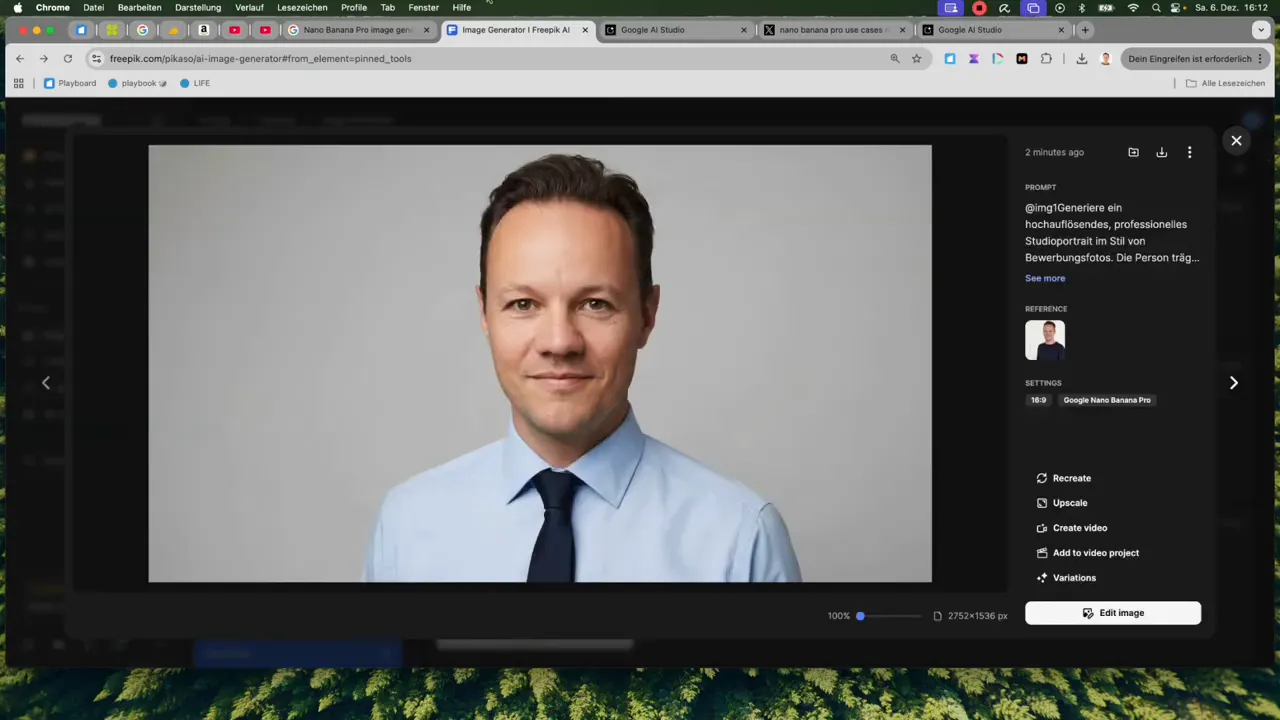 Großes, scharfes Studio-Portrait in der Vorschau des Image-Generators mit sichtbarem Prompt, Referenzbild und 'Edit image' Button
