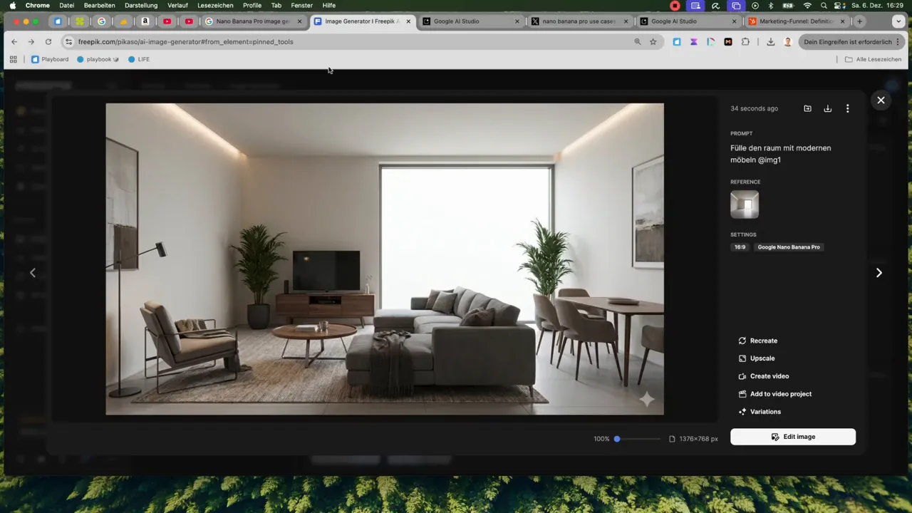 Screenshot des Nano Banana Pro Editors mit generiertem, photorealistischen Wohnraum in der Hauptvorschau und sichtbarem Prompt