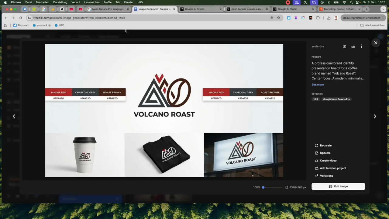 Klares Screenshot eines Branding-Moodboards mit 'Volcano Roast' Logo, Farbpalette, Kaffeebecher- und T-Shirt-Mockup
