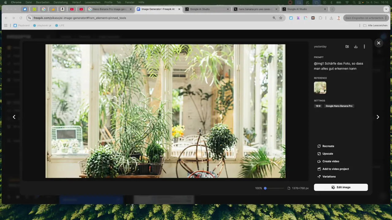 Screenshot des Nano Banana Pro Editors mit einem Fenster- und Pflanzenfoto in der Hauptvorschau