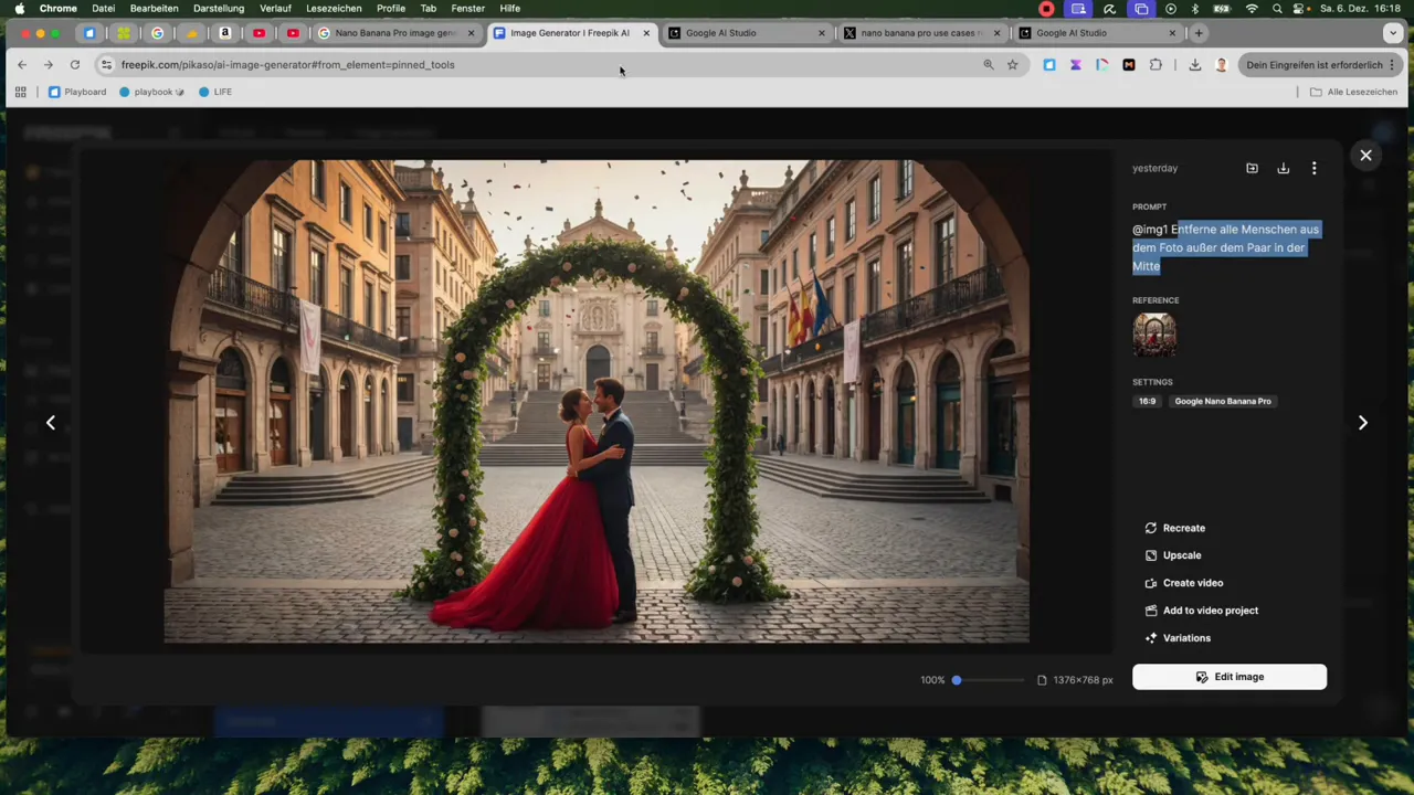 Klares Screenshot des Nano Banana Pro Editors mit markiertem Prompt zur Entfernung von Personen und einer gut erkennbaren Vorschau des Hochzeitspaars unter einem Blumengirlanden‑Bogen.