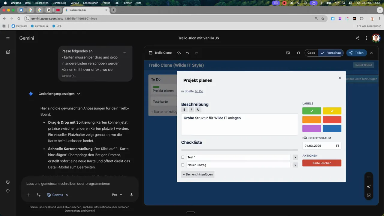 Vollst&auml;ndiges Karten‑Modal im Trello‑Klon mit sichtbarer Checkliste, Labels und gesetztem Datum